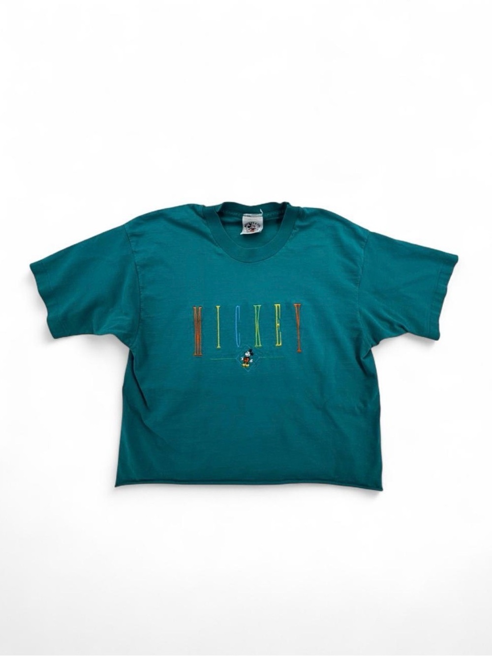 Vintage 1990s Mickey & Co. Embroidered Teal Retro Single Stitch T-Shirt Size L